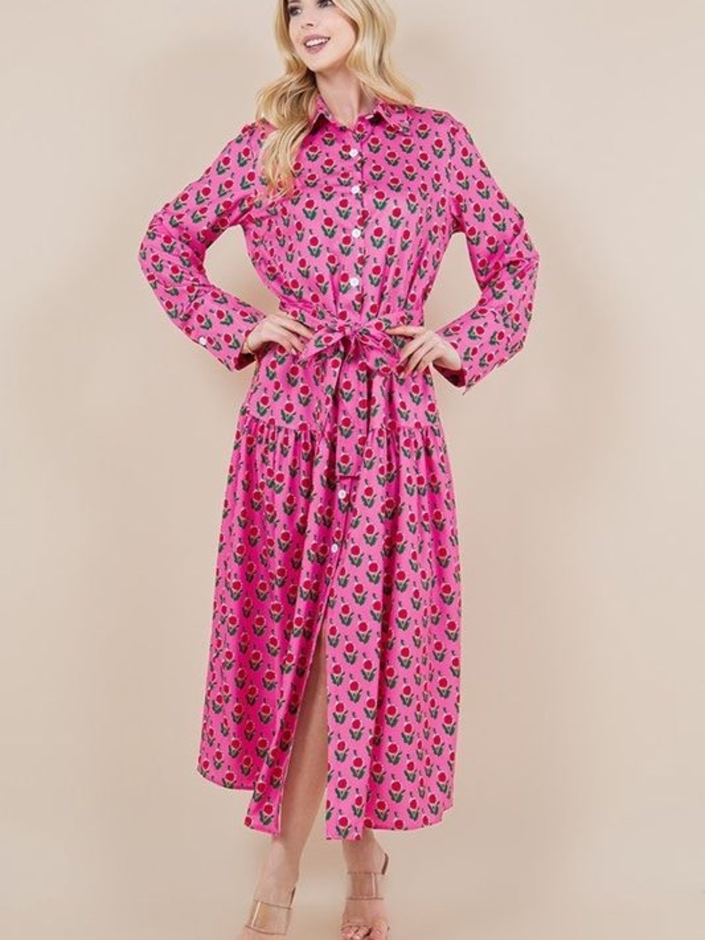 Pink Floral Tie-Waist Shirt Dress